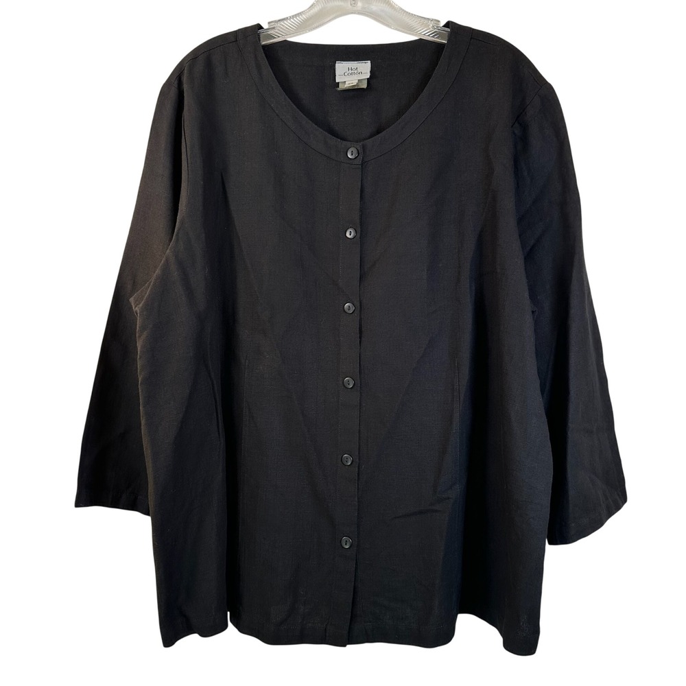 Hot Cotton Black Linen Blend Button Front 3/4 Sleeve Top XL